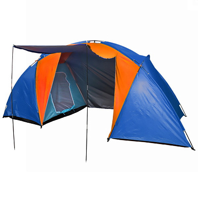 Палатка туристическая «Jesolo-4» двухслойная, р: 150+130+150х220х170 см, цв: оранжево-синий.